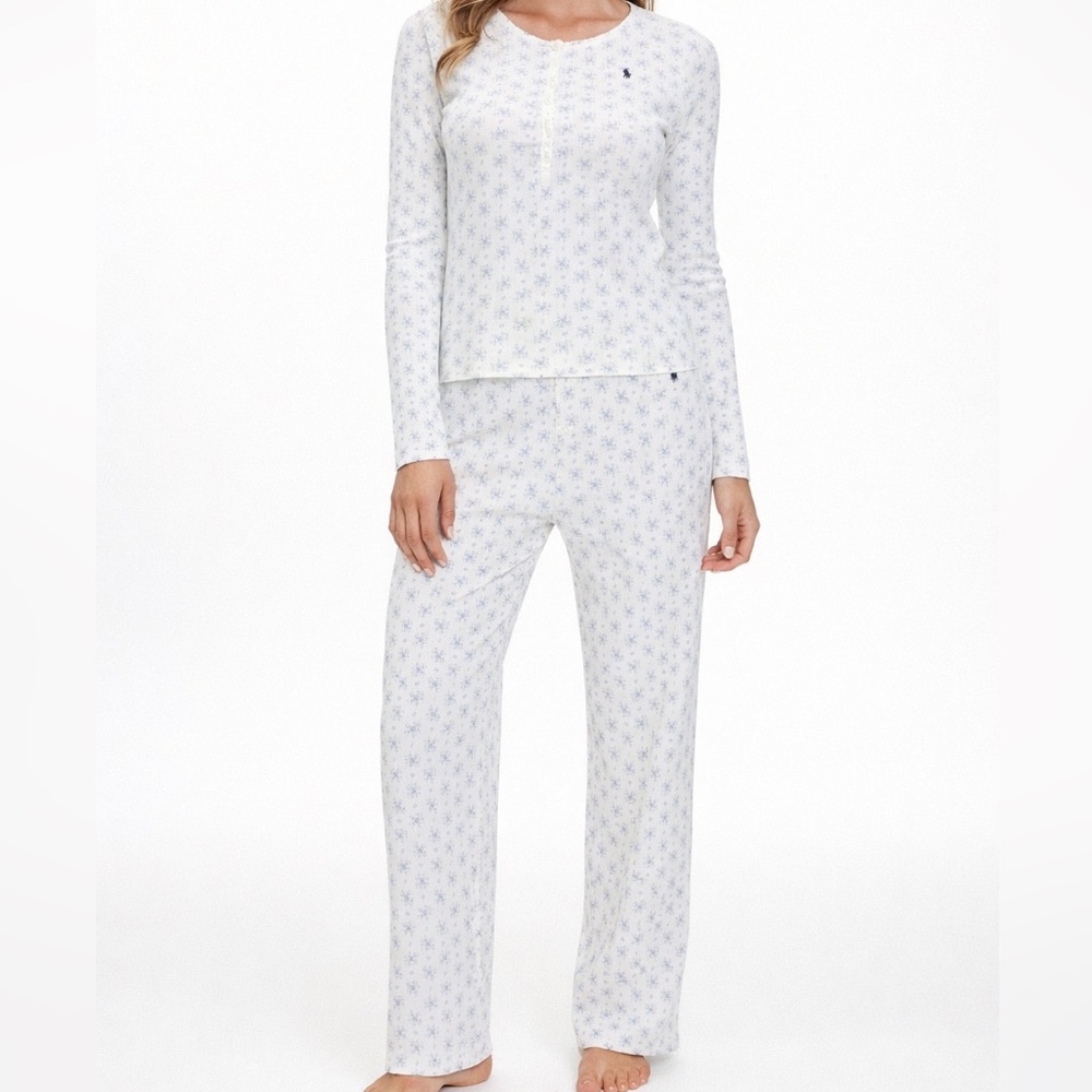 🌸NWT Polo by Ralph Lauren 100% cotton Floral White and Blue Sleepwear Set M